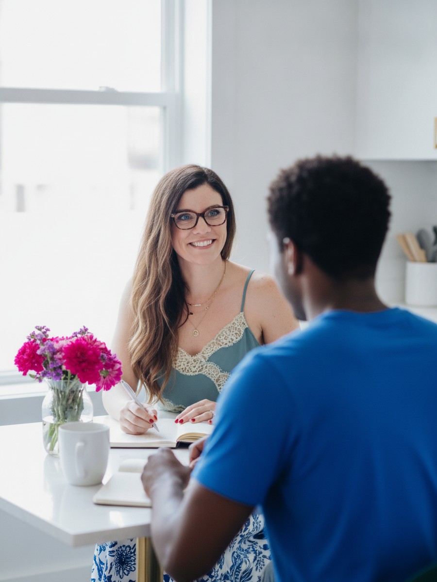 Meghan and a BeBetter member writing their daily rep at a sunny kitchen table